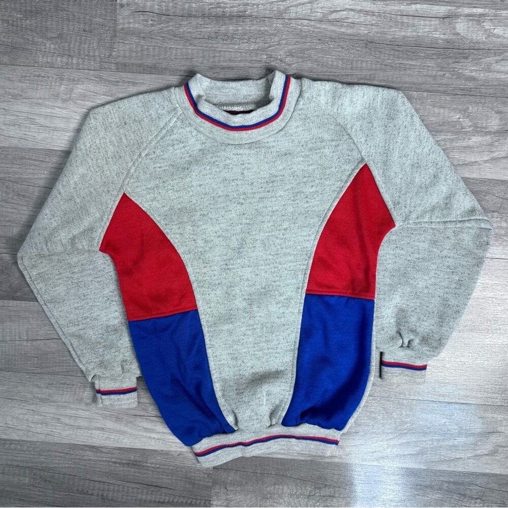 Vintage 80s Youth Small Line-Up Colorblock Sweatshirt Grey Red Blue Retro
